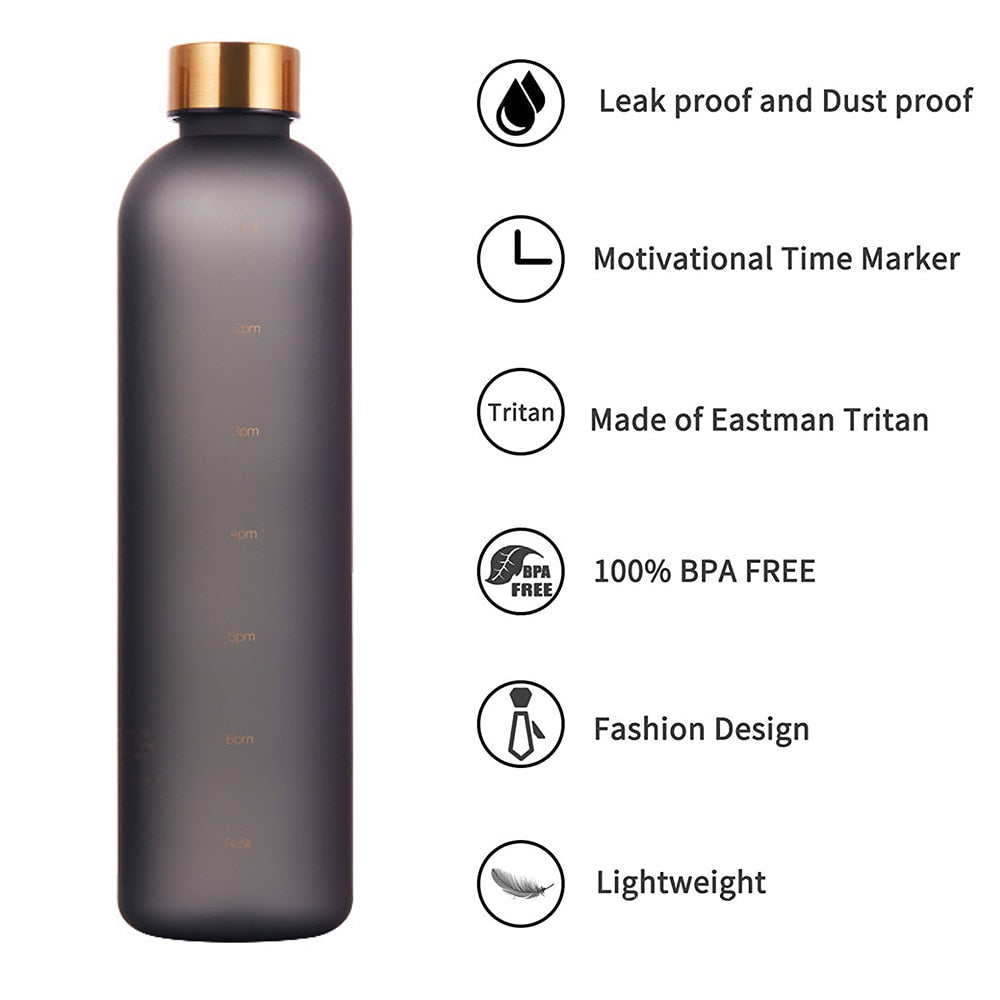 1L Water Bottle Time Marker 32 OZ Motivational Reusable Leakproof BPA Free Frosted Plastic